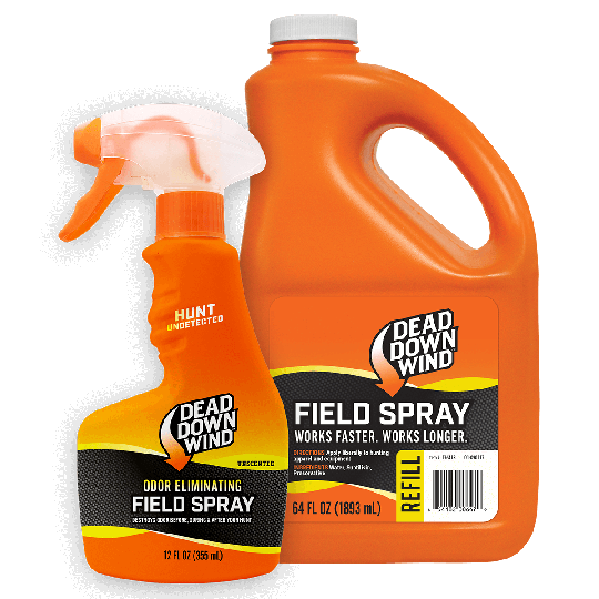 Dead Down Wind™ Field Spray Combo 12 oz Spray / 64 oz Refill Bottle spray bottle beside refill jug on white - 137618
