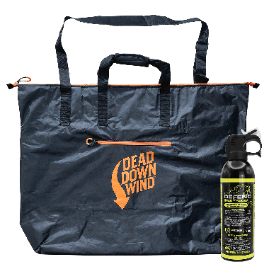 BLACK Premium Scent Prevent Travel Bag + Defend Bear Spray 14 oz with Sheath black tote bag beside spray - B-30617-75008