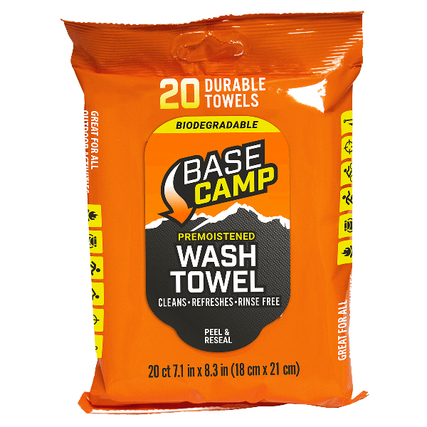 Dead Down Wind™ Base Camp Wash Towel sealed orange resealable pouch on white background - 1356