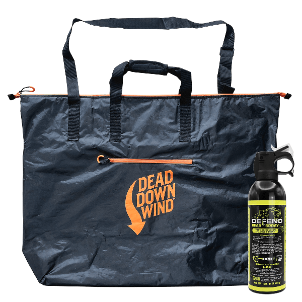 BLACK Premium Scent Prevent Travel Bag + Defend Bear Spray 14 oz with Sheath black tote bag beside spray - B-30617-75008
