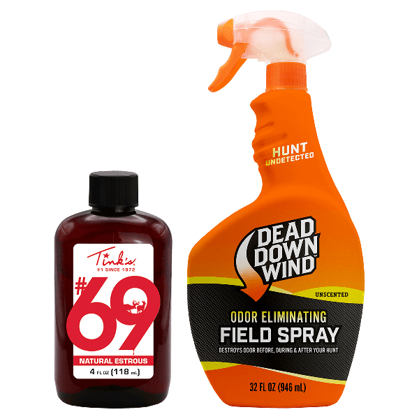 Tink’s® #69 Doe-In-Rut® 4oz + Dead Down Wind™ Field Spray 32oz tall spray bottle beside small squeeze bottle - B-W6202-133218