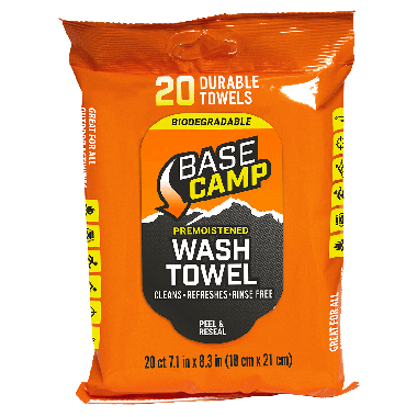 Dead Down Wind™ Base Camp Wash Towel sealed orange resealable pouch on white background - 1356